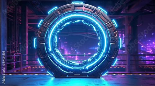 Vibrant glowing neon portal with sci-fi metal construction Generative AI