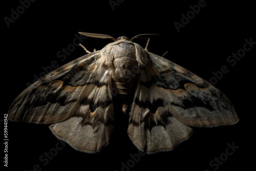 A close up of a moth on a black background. AI generative. Generative AI