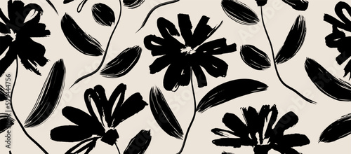 flowers hand drawn seamless pattern. ink brush texture. 