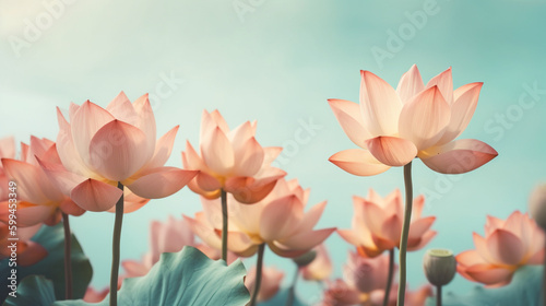 Beautiful Lotus Flowers with Stems and Leaves Growing against Pastel Blue Sky Background - Generative AI