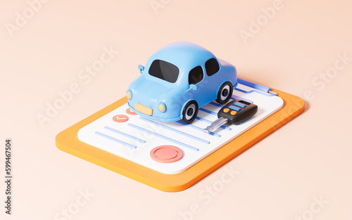Cartoon blue car and contract on the yellow background, 3d rendering.