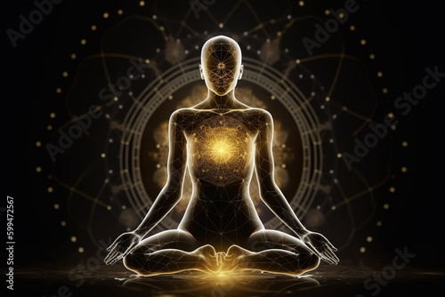 State of mind concept. Transcendental chakras space meditation human silhouette. Lotus pose, cosmic and abstract background. Black, white and golden colored. Luxurious style. Generative AI