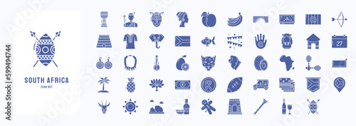 A collection sheet of solid icons for South Africa, including icons like African Man, African Woman, Elephant, Hippo and more
