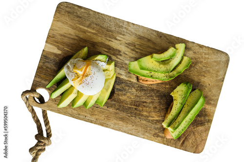 Toast, avacado sandwich and poached egg Isolated, transparent background