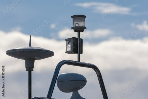 communication and navigation equipment on the mast of ship.