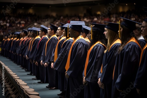 Image of a graduation ceremony with graduates in their caps and gowns. Generative Ai.