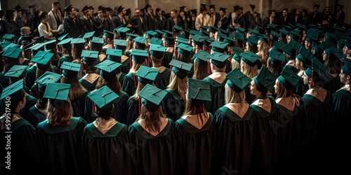 Image of a graduation ceremony with graduates in their caps and gowns. Generative Ai.