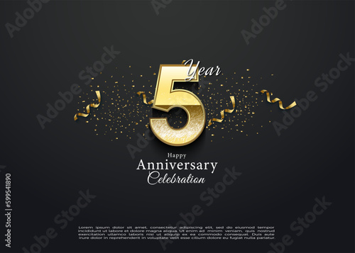 5th anniversary with a delicate golden number. vector premium design.