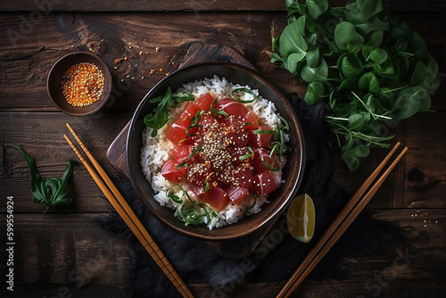 Top view of a bowl of poke with salmon, tuna, avocado rice, herbs, sticks, dark wooden background, generative ai