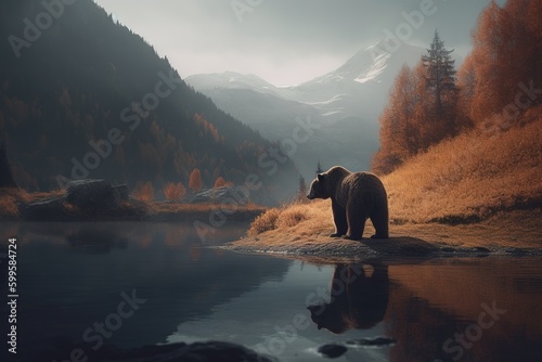 a brown bear seen from a distance perched on a rock adjacent to a body of water Generative AI