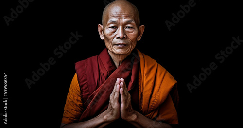 Buddhist monks meditate to calm the mind. The brain will refresh the secretion of Indoine. Make happy, buddhist monk in meditation pose over black background