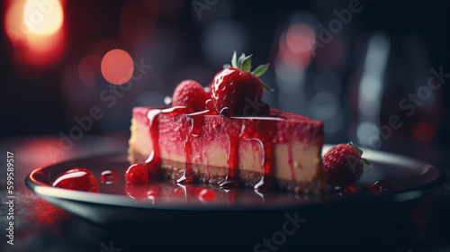 Strawberry cheesecake with red fruit sauce Generative AI 
