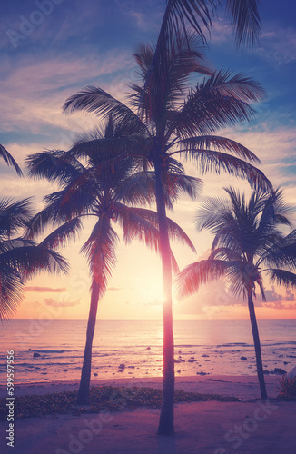 Tropical beach with coconut palm trees at sunset, color toned picture.