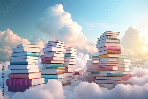 Multilayer paper art. Colorful books on gentle clouds in sunny sky background, abstract concept generated by Generative AI.