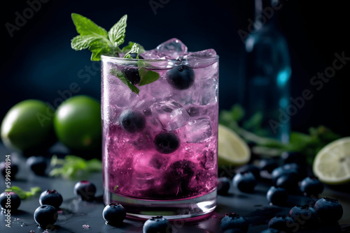 Blueberry purple cocktail drink with limes and blueberries scattered 