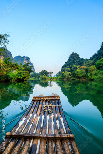 Beautiful mountain and water natural landscape in Guilin, Guangxi, China. Take a bamboo raft tour Guilin landscape.