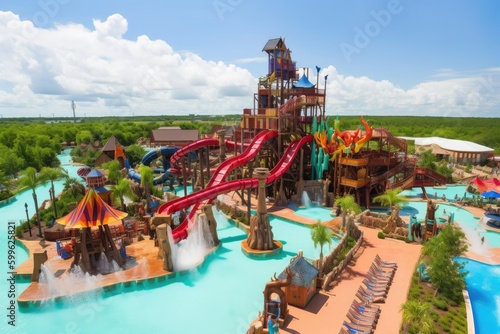 water park with themed slides and water attractions, including a pirate ship slide, giant wave slide, and waterfall, created with generative ai