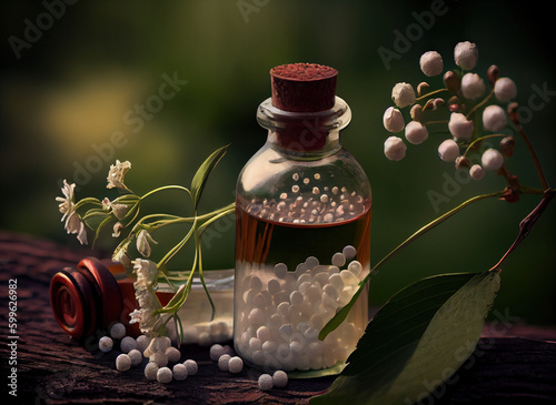 Bottle with homeopathic granules and medicinal plants. Alternative medicine. Generative AI
