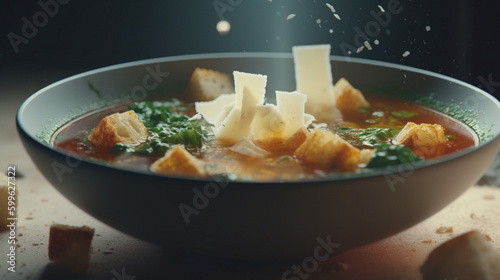 Vegetable soup with croutons and grated cheese Generative AI 