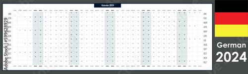 Long planner 2024. Yearly calendar template, one page, simple with copy space, horizontal, german
