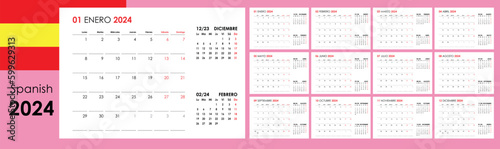 Planner calendar for 2024. Wall organizer, yearly template. One page. Set of 12 months. Spanish.