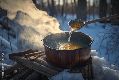 the process of evaporating the water in maple sap, to create a thick and sweet syrup, created with generative ai