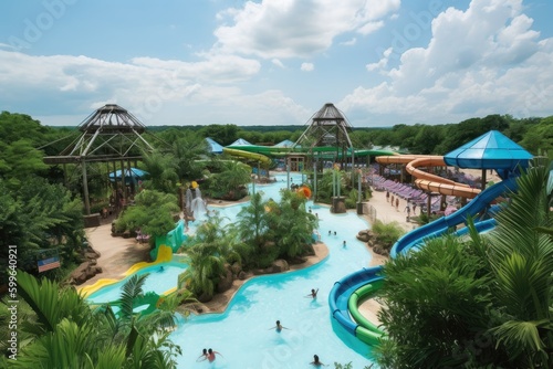 water park with series of slides and pools, surrounded by greenery, created with generative ai