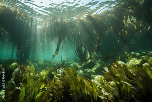 close-up of kelp forest, with swaying fronds and underwater plants, created with generative ai