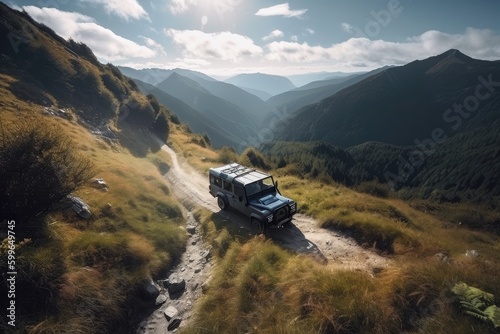 off-road vehicle in the middle of a challenging off-road trail with stunning scenery, created with generative ai