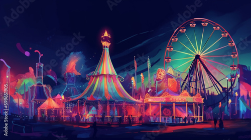 A neon-lit amusement park with rides and attractions Generative AI 