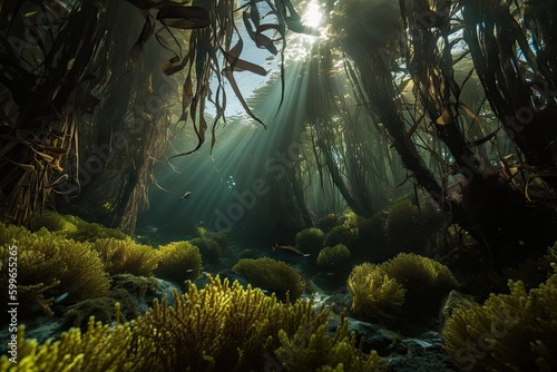 kelp forest with schools of fish and octopus hiding among the fronds, created with generative ai