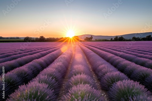 sunrise over lavender field, with the sun peeking above the horizon, created with generative ai