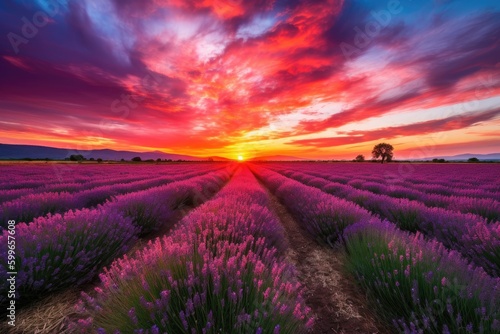 lavender field with dramatic sunset, the sky bursting into color, created with generative ai