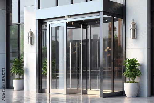 office or hotel entrance with modern automatic sliding doors for quick and easy access, created with generative ai