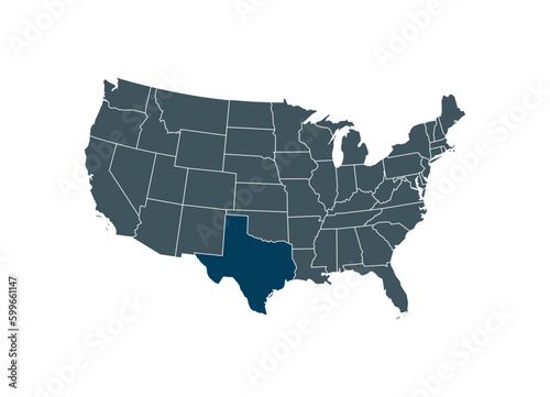 Map of Texas on USA map. Map of Texas highlighting the boundaries of the state of Texas on the map of the United States of America.