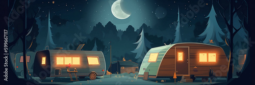 Cartoon illustration, caravan camping at night, generative ai
