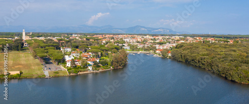 Aerial view of Sabaudia, in the province of Latina, Italy. In the foreground, Lake Paola.