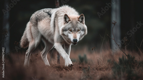 Cunning wolf on the prowl in the winter forest.