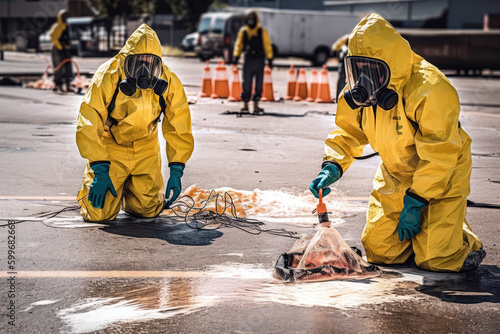 Chemical Spill With Hazmat Suits And Warning Signs. Generative AI