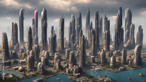 futuristic city skyline, skyscrapers of the future, modern town houses and living, Generative AI