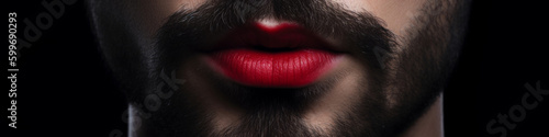 Closeup of handsome bearded gay man with makeup on his lips. Painted lips with red lipstick. LGBT Background, Horizontal Banner AI Generative