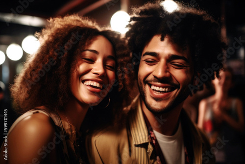 In a lively NYC club, a joyful mixed race couple danced the night away, their laughter and chemistry lighting up the room amidst pulsating music. Generative AI