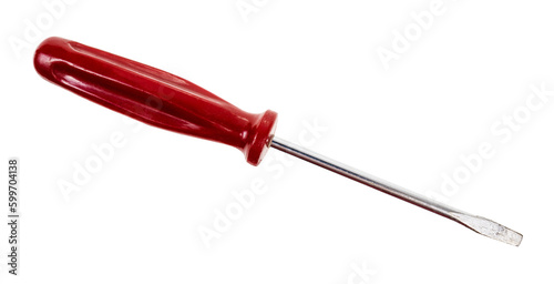 old slotted screwdriver with red plastic handle isolated on white background