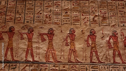 Mural paintings of captives in Ramses V and Ramses VI tomb (KV9) in kings valley in Luxor in Egypt