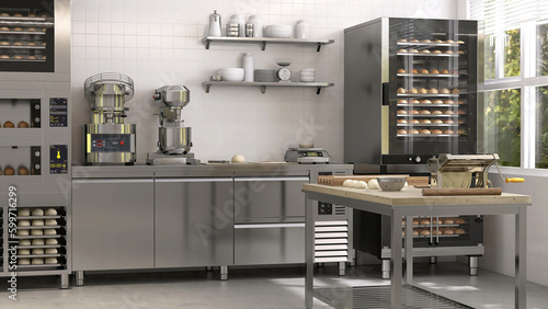 Commercial; professional bakery kitchen and stainless steel convection; bread bun baking in deck oven; kneading machine; pasta dough on table; cabinet and ingredient for baking business background 3D