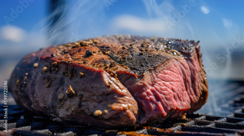 Juicy grilled beef tenderloin, cooked steak meat, food. Barbecue with smoke filet mignon. The meat is cooked, and fried over a fire with dark and provencal herbs. AI-generated image