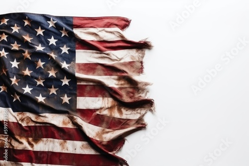On a white background, the US flag. American flag with grunge texture with elements of blood, the concept of war. generative ai
