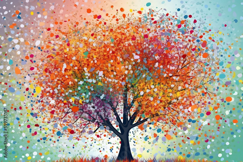 Colorful tree with leaves on hanging branches illustration background. 3d abstraction wallpaper for interior mural wall art decor. Floral tree with multicolor leaves. pointillism art