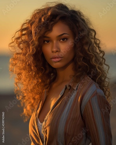 Beautiful Woman with Curly Hair by the Sea Outdoor Photorealistic Illustration [Generative AI]