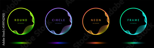 Set of glowing neon lighting lines isolated on black background with copy space. Blue, red-purple, green illuminate circle frames collection design. Abstract cosmic border. Top view futuristic style.
